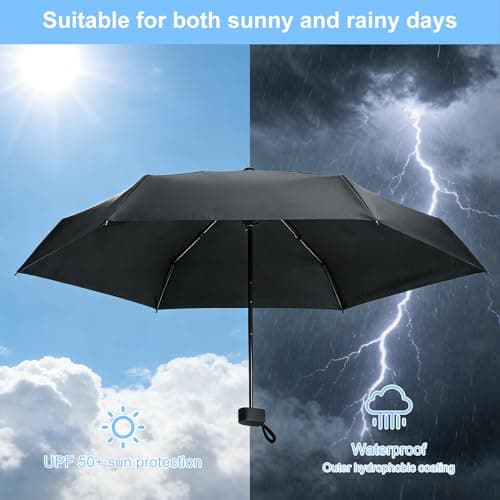 ZRUEWOT Manual Mini folding umbrella, pocket umbrella Black 6 Ribs, with Storage Bag UV Protection Portable Mini Travel Sturdy Pocket Umbrella Unisex Black — view 2