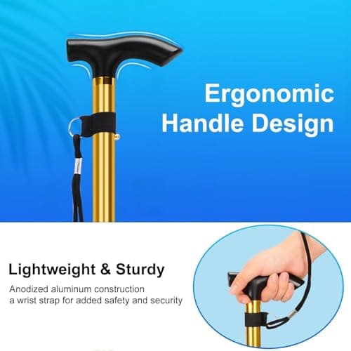 Walking Stick, Portable Collapsible Walking Stick and Mobility Aid Handy, Easily Adjustable Folding Travel Walking Cane for Women, Men & Disabled Flexible and Durable, 33-37 inches (Gold) — view 2