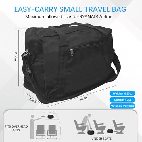 Small Gym Bag, Waterproof Sports Bags 40x20x25cm fits Ryanair Cabin with Adjustable Shoulder Strap, Gym Duffel Bag, Small Holdall Bags for for Women Men Sport Overnight Travel Weekend Trip (Black) — view 3