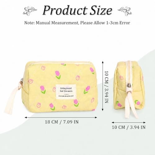 Makeup Bag for Women, Cute Coquette Quilted Cosmetics Make Up Organiser, Portable Travel Brushes Wash Storage, Toiletry Skin Care Pouch Aesthetic Cotton Case, Small Pink Floral (Yellow) — view 2