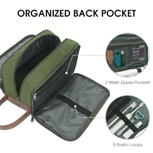 WANDF Toiletry Bag for Men, Travel Wash Bag with Handle, Water-Resistant Canvas Shaving Organiser, SBS Metal Zipper Dopp Kit for Makeup Bathroom Gym (Green) — view 2