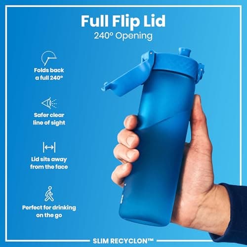 Ion8 Water Bottle, 500 ml/18 oz, Leak Proof, Easy to Open, Secure Lock, Dishwasher Safe, BPA Free, Hygienic Flip Cover, Carry Handle, Fits Cup Holders, Easy Clean, Carbon Neutral, Blue — view 4
