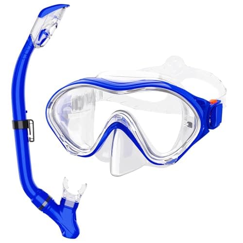 Snorkeling Gear for Kids with Foldable Silicone Full Dry Snorkel, Kids Snorkel Set Anti Leak Youth Junior Snorkeling Package Diving Mask Soft Tube with Mesh Bag Swimming Goggles, Blue