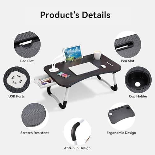 Foldable Laptop Table with USB Ports, Drawer, Cup Holder&Tablet Slot, Black — view 3