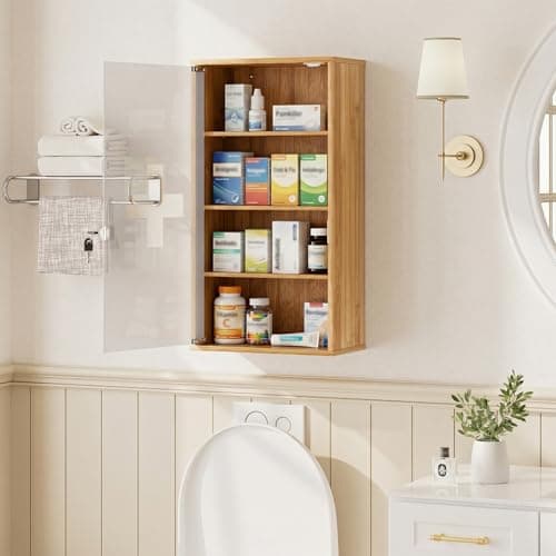 HEYZOEY Bamboo Medicine Cabinet with Lock, Wall Mounted Bathroom Storage Cabinet, Wooden Medicine Organiser for First Aid & Medicine Storage, Adjustable Shelves — view 6