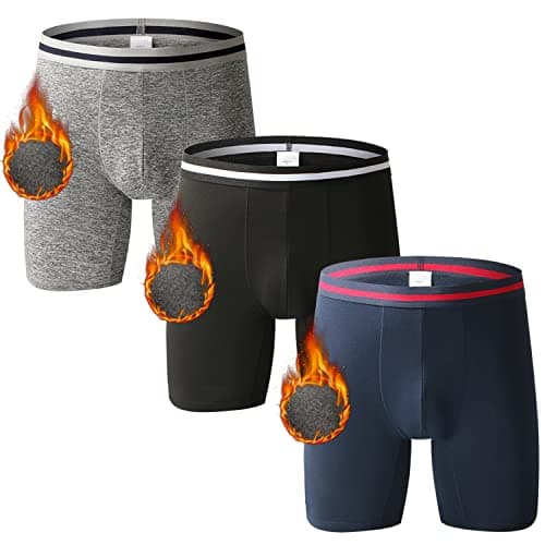 Nuofengkudu Mens Thermal Seamless Boxer Briefs Long Leg Warm Underwear 3D Pouch Bulge Support Stretch Waistband Comfy Trunks Winter Male Classic Anti-Chafing Underpants E 3 Pack Black Grey Blue XL