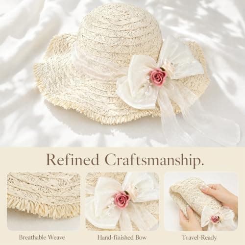 QuidToyzian Women's Straw Sun Hat with Brooch Gift Set, White — view 3