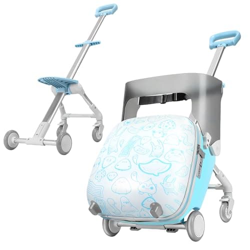 AODI Kids Ride-on Luggage with Seat, 20 inch Carry On Suitcase, 2-in-1 Children's Luggage & Baby Stroller with Shockproof Silent Wheels and Guardrail for Airplane