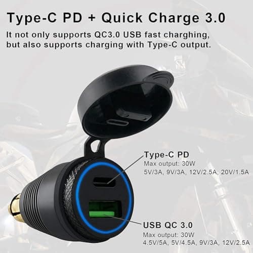 TOBEOME Motorcycle DIN Plug Waterproof Charger to QC3.0 USB Charger & Type C 30W Power Delivery Adapter Socket — view 6