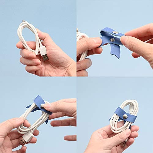 SenseAGE 5 Pack Cord Organizer, Bow Cord Keeper, Cable Organizer USB holder, Leather Cable Management, Cable Straps, Earphone winder, Straps for Electronics, Earbuds, USB Charging Cords, Small, Black — view 5