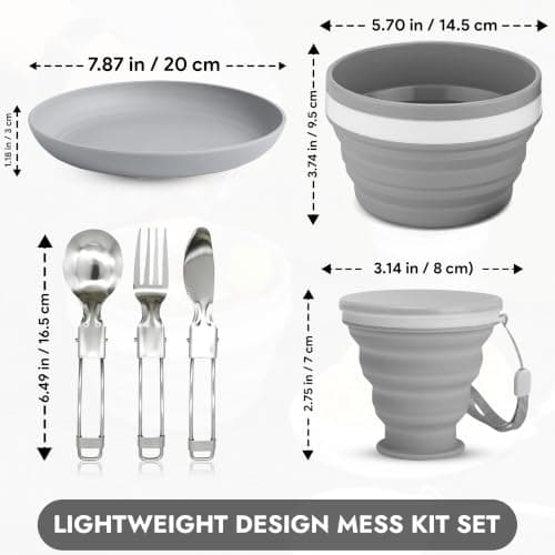 INVEAH Camping Plates and Bowls Set - 7 Pcs Foldable Travel Cutlery Utensils for Picnic Outdoor - Camping Mess Kit Include Stainless Steel Knife, Spoon, Fork Cutlery Set, Cup, Bowl, Plate with Bag — view 2