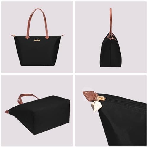 BOJLY Large Capacity Waterproof Tote Bag for Women - Foldable Reusable Shopping Bag for Travel, School & Work - Lightweight Packable Shoulder Bag, Black — view 2