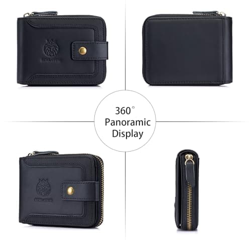 SCHLATUM Men's Classic Genuine Leather Wallet with Zipper Closure, RFID Blocking, Large Capacity, with Coin Pocket and ID Window, Black, 11.9 x 8.9 x 3 cm — view 2