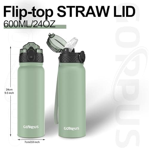 GOPPUS 600ml/20oz Stainless Water Bottle with Straw Double Wall Insulated Bottles with Strap One Hand Open Vacuum Thermal Flask with Flip Top Lid Leakproof Keep Cold Drinks BPA Free (Sage Green) — view 4