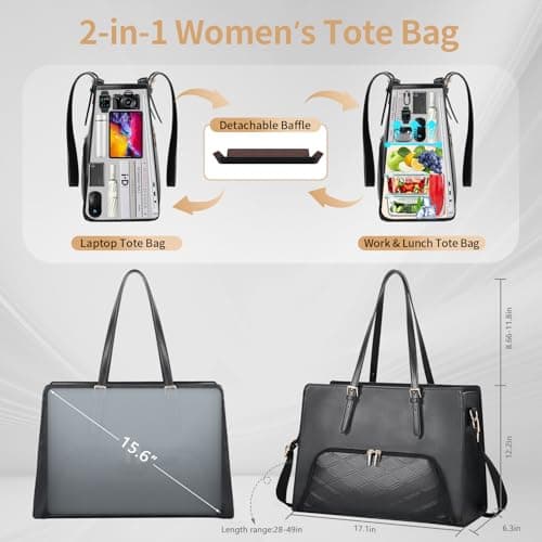 Jetviivid Laptop Tote Bag with Insulated Lunch Compartment, PU Leather Briefcase for Women, Waterproof Laptop Handbag Computer Shoulder Bag for Business, Office, Work (Black, 15.6 inch) — view 3