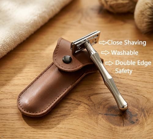 Classic straight beard grooming trimmer safety kit shaving face razors for men with brown leather travel case, chrome-plated metal shaving tools beard kit for men grooming — view 3