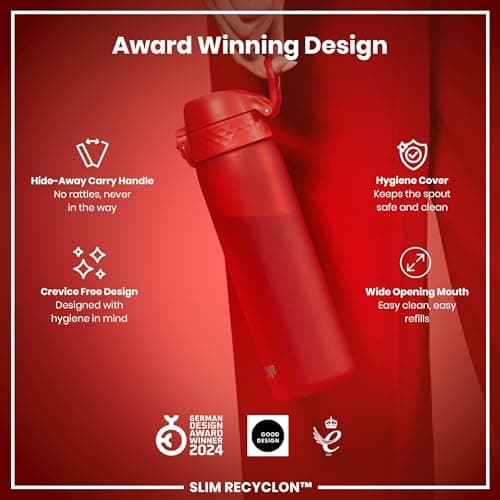 Ion8 Water Bottle, 500 ml/18 oz, Leak Proof, Easy to Open, Secure Lock, Dishwasher Safe, BPA Free, Hygienic Flip Cover, Carry Handle, Fits Cup Holders, Easy Clean, Carbon Neutral, Red — view 6