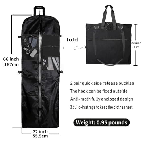 magictodoor Versatile Wedding Dress Garment Bag 66" Tri-Fold Gown Length w/Haning Hook, 66" Black, 66 Inch, Travel, 66" Black, 66 inch, Travel — view 2