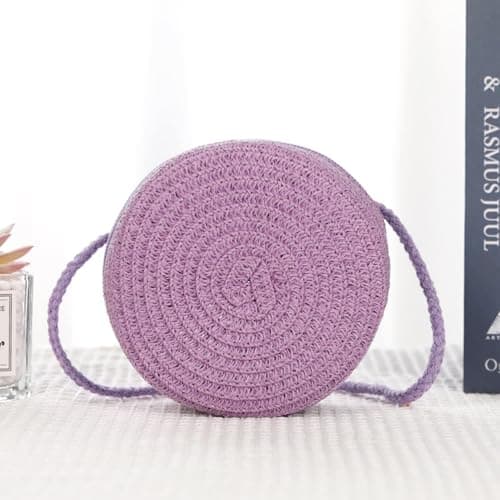 Jamron Handmade Round Straw Bag Crossbody Shoulder Bag Bohemian Beach Bag with Zipper SN0702152 Mini Purple — view 3