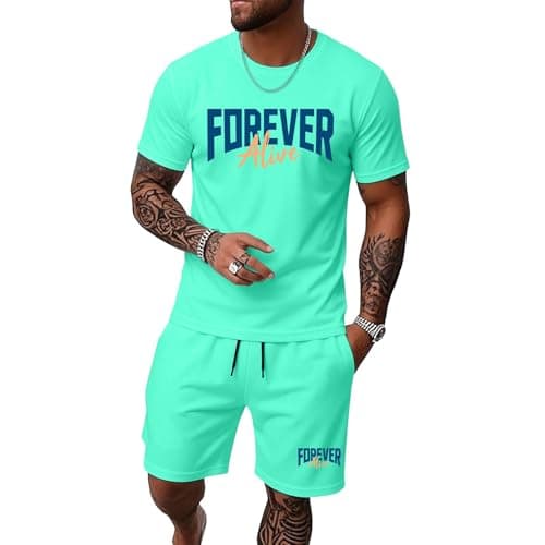 Mens T Shirts and Shorts Set 2 Pieces Suit Activewear Co Ord Shorts Set Summer Casual Gym Running Sport Outfits Sweatshirt Streetwear Co ord for Travel Jogging Gym Home Lounge Wear #001 Mint Green,M