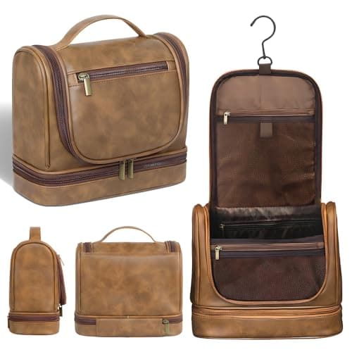 Premium Leather Hanging Toiletry Bag for Men and Women, Waterproof Travel Organiser with 7 Separate Compartments, Compact Dopp Kit for Gym Camping and Daily Grooming