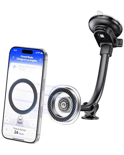 APPS2Car Magnetic Car Phone Holder for MagSafe, Long Arm Suction Cup Windscreen & Dashboard Mount, Super Strong Magnet, One-Hand Adjustable, iPhone 17/16/15/14/13/12 + Metal Ring for Android