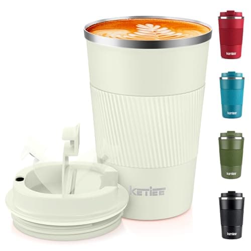 KETIEE Travel Mug 380ml Insulated with Leakproof Lid - Reusable Double Walled Thermal Coffee Cups, Stainless Steel Coffee Mug for Hot Cold Drinks - Cream