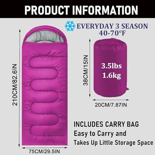 Sleeping Bags for Adults & Kids Sleeping Bag for 3-4 Season, Adult Blanket, Ultralight Carry Bag, Lightweight Compact, Soft for Outdoor Camping, Travel, Hiking (Rose red Plush Comfort 0-18°C) — view 2
