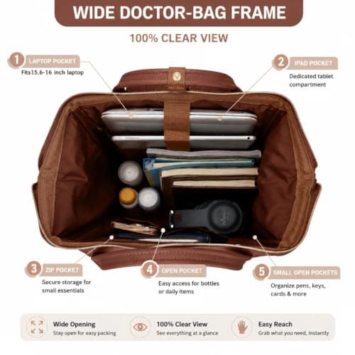 Kah&Kee Leather Laptop Backpack for Women, 14-15 Inch Professional Work Bag, Water-Resistant Vegan Leather Doctor Bag Backpack for Teacher, Nurse & Travel, Fits MacBook Pro 15 (Brown,Medium) — view 3