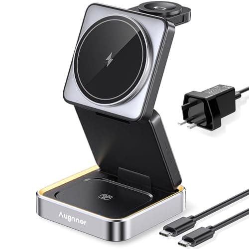 【2026 Upgraded】Magnetic Wireless Charger 3 in 1, Travel Foldable Wireless Charging Station with Night Light for Apple MagSafe Charger, Nightstand Fast 15W Charging Station (20W Adapter)