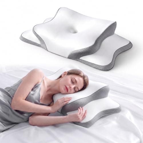Memory Foam Pillow for Neck Support and Relief, Ergonomic Pillow Cervical Design with Dual Height Options, Comfortable Neck Pillow for Side, Back and Stomach Sleepers, Cooling Removable Cover(White)