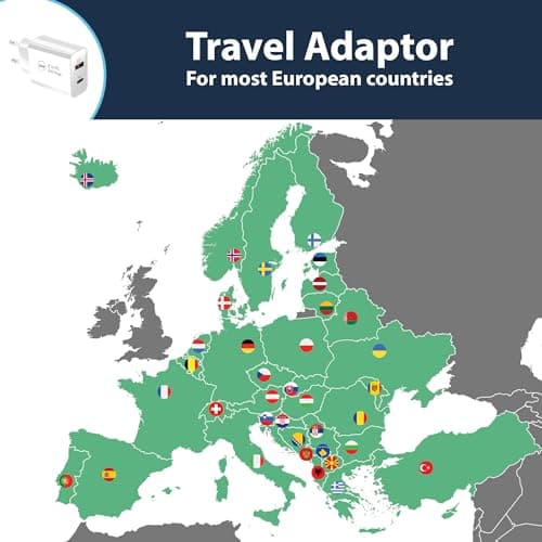 Pipestation® EU 2 Pin to USB and PD Plug Travel Adapter Charger | Euro Wall Adaptor with 1 USB-A Port and 1 USB-C Port | European Universal Power Charging compatible with iPhone Samsung Smartphone — view 3
