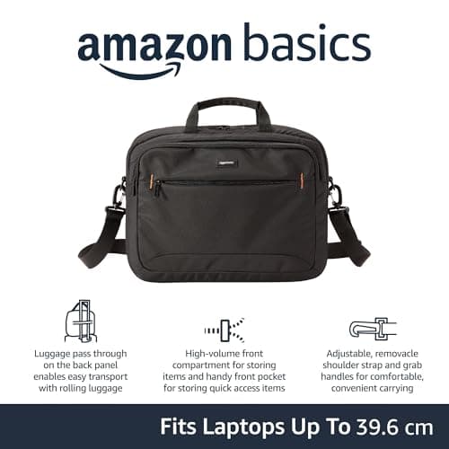 Amazon Basics Compact Laptop Shoulder Bag Carrying Case with Padded Strap and Zippered Accessory Pocket, 1-Pack, 15.6 inch - 39.6 cm, Black — view 3