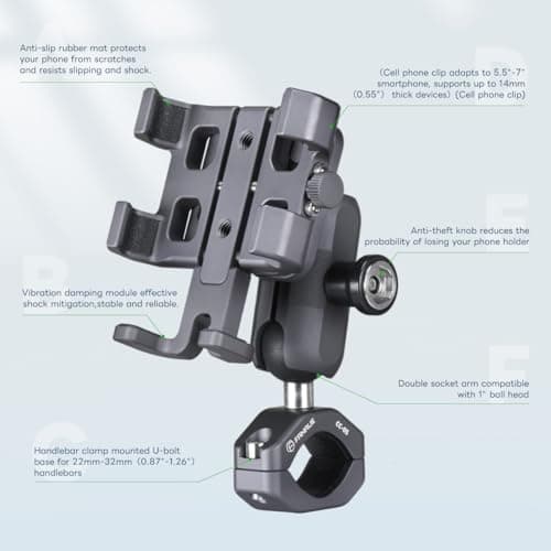 FANAUE Aluminum Anti-theft Bike Motorcycle Phone Mount with Vibration Dampener for Bicycle/ATV/UTV/Scooter Handlebar, Compatible with RAM Mounts B size Double Socket Arm for 5.5-7'' Smartphone. — view 3