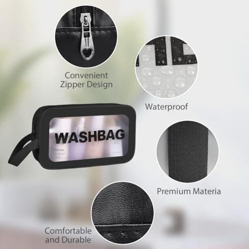 Aucuu 4PCS Clear Toiletry Bag, Wash Bag, Clear PU Makeup Bags, Waterproof Toiletry Travel Bags with Zipper Handle, Portable Airport Cosmetic B-ag for Travel Bathroom Men Women (Black) — view 3