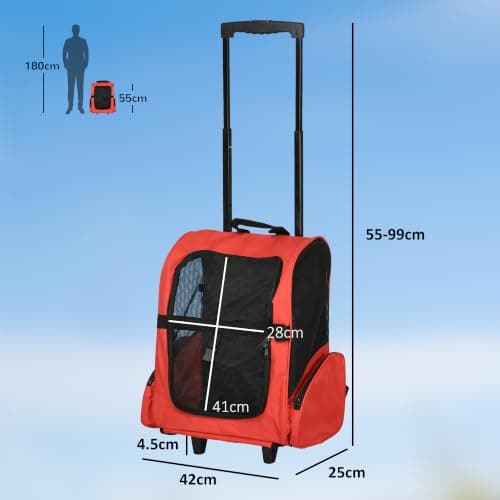 PawHut 2 in 1 Dog Backpack and Trolley Pet Travel Backpack, Red — view 3