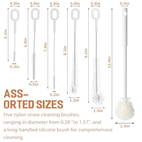 Pipe Cleaning Brushes Pack with Extra-Long Handled Silicone Bottle Brush Cleaner, Multipurpose Tube Brush Nylon Bottle Cleaner Set for Baby Bottles, Water Bottles, Multi-Size Straws, 6 Pcs — view 2