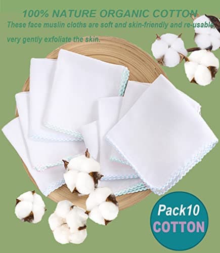 Panlom Soft Face Muslin Cloths Pure Cotton Facial Cleansing Cloths Reusable Polishing Cleanser (Blue 10 Pack) — view 3