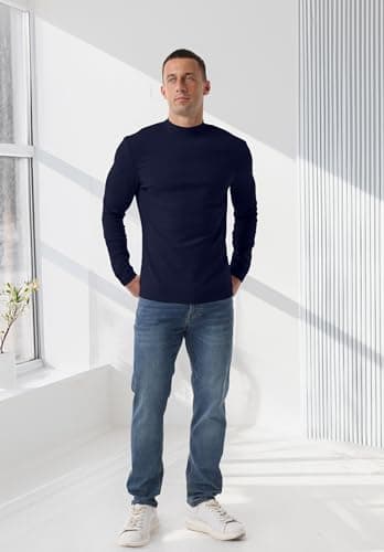 QIXING Men's Thermal Top, Long Sleeve Mock Neck Cotton Base, Navy Blue, S — view 3