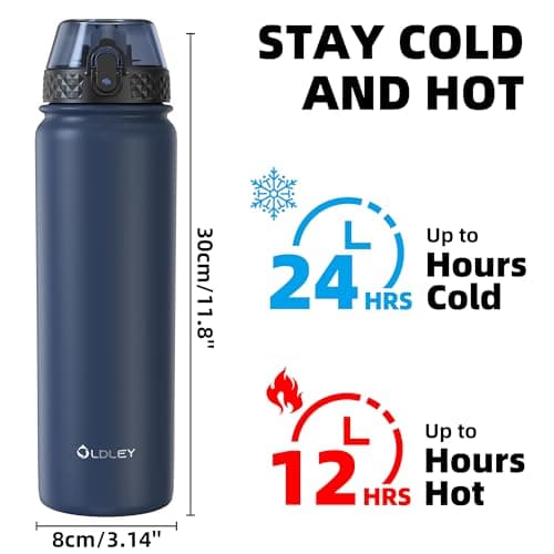 OLDLEY Stainless Steel Water Bottle with Straw 1L Vaccum Insulated Large Drink Flask Metal Water Bottles 1 Litre Leakproof Keep Drinks Hot Cold for Sports Bike Gym Adult Women Men(Navy Blue, 1 Lid) — view 4