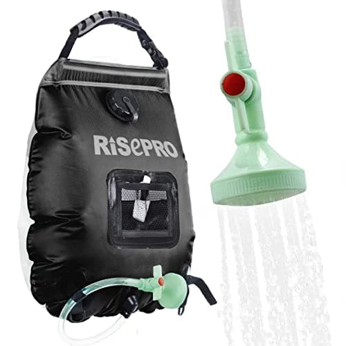 RISEPRO Solar Shower Bag, 5 gallons/20L Solar Heating Premium Camping Shower Bag Hot Water with Temperature 45°C Removable Hose on/off Switchable Shower Head Hiking Climbing Summer Shower Black K8
