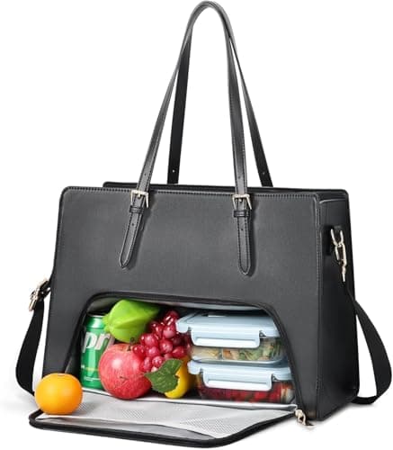 Jetviivid Laptop Tote Bag with Insulated Lunch Compartment, PU Leather Briefcase for Women, Waterproof Laptop Handbag Computer Shoulder Bag for Business, Office, Work (Black, 15.6 inch)