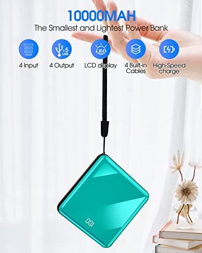 Portable Charger, 10000mAh Power Bank with Built in 4 Cables, Slim Smallest Portable Charger LED Display, External Battery Pack Travel Essential Phone Charger for iPhone Samsung iPad Android (Blue) — view 2