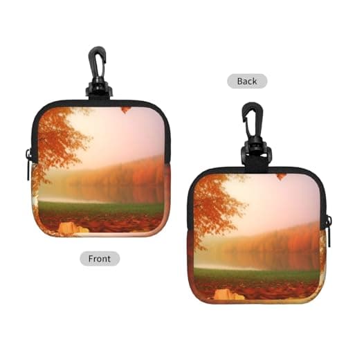 Mini Pouch with Carabiner, Neoprene Travel Makeup Bag with Zipper Tool Storage Pouch Autumn Coin Purse Portable Earbud Case Waterproof Card Holder Wallet for Women Men — view 2