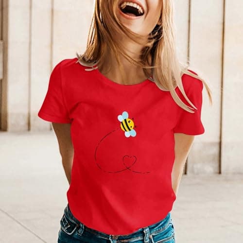 2026 New Womens Crew Neck T Shirt Drop Shoulder Printed Casual Tee Easy Fit Airy Touch Summer Top for City Break Holiday Shorts Daily Wear Light Packing Red L — view 3