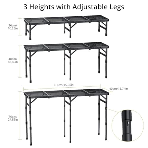 Anbte Folding Grill Table, 3 Adjustable Height Folding Camping Table with Heat-Resistant Mesh Tabletop, Lightweight Portable Handle for RV Camping, Outdoor Garden BBQ, 116 x 40cm, Black — view 3