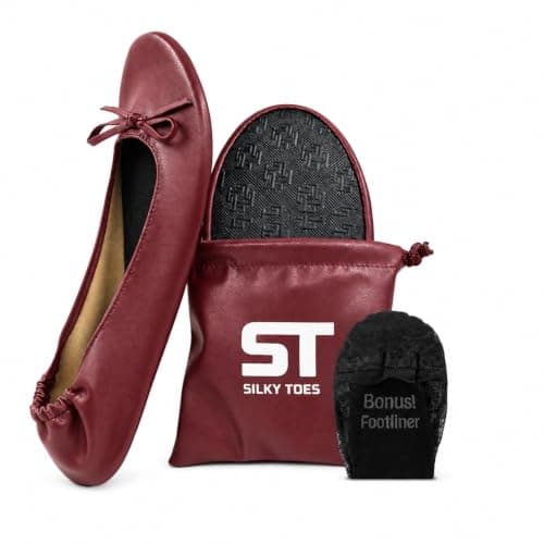 Silky Toes Women’s Foldable Ballet Flats - Portable Roll-Up Slippers for Purse, Travel, or Events - Comfortable Ballerina Shoes, Burgundy, Medium