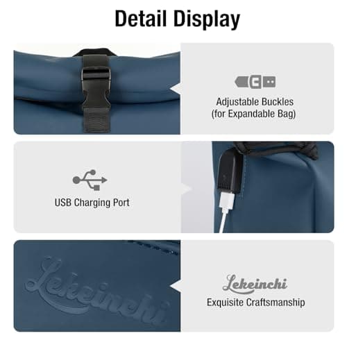 Lekeinchi Waterproof Laptop Backpack for Men and Women - Roll Top Design for School, Travel, Business, Work, and Camping(Blue) — view 6