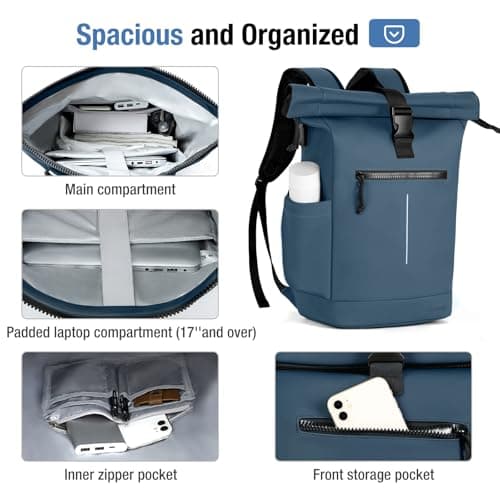 Lekeinchi Waterproof Laptop Backpack for Men and Women - Roll Top Design for School, Travel, Business, Work, and Camping(Blue) — view 4