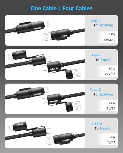 RAVIAD Multi Charger Cable Short 50CM, 4 in 1 3A USB Fast Charging Cord 60W — view 3